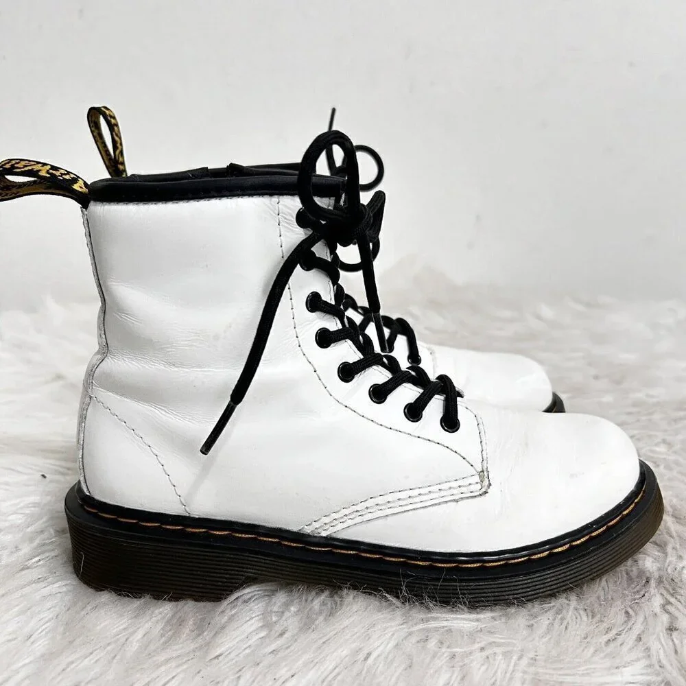 Dr. Martens 1460J Combat Boots Youth Size 3 US White‎ Leather Lace Up Side Zip